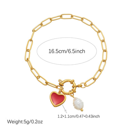 Red Heart Pearl Paperclip Bracelet