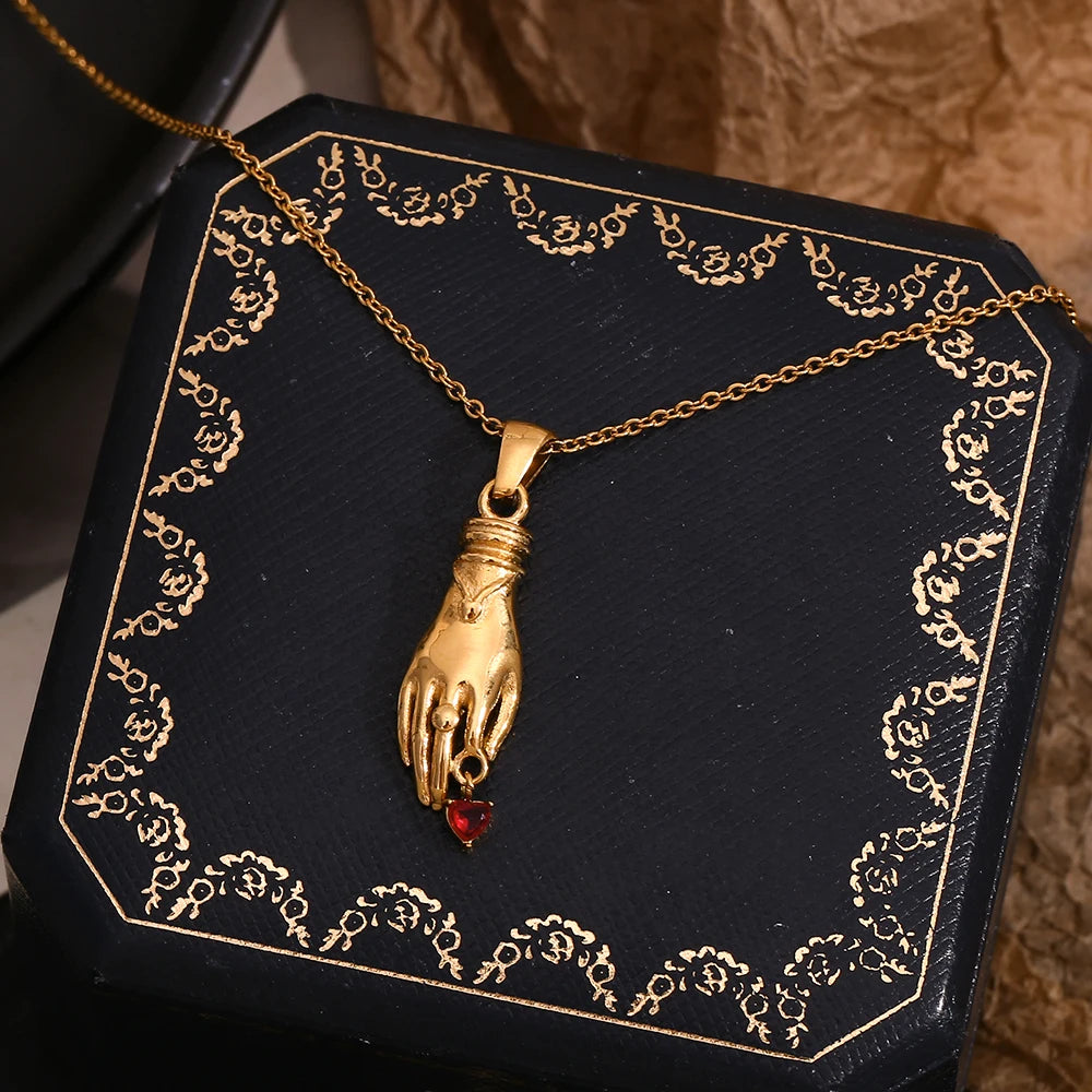 Red Heart Hand Pendant Necklace