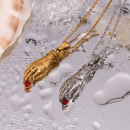 Red Heart Hand Pendant Necklace