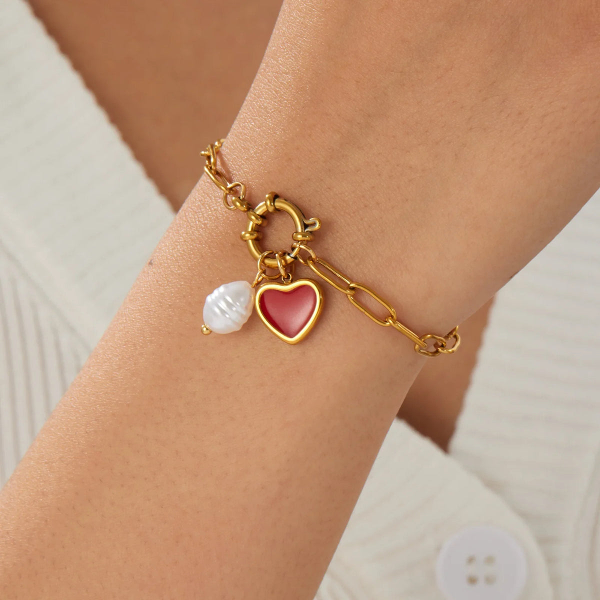 Red Heart Pearl Paperclip Bracelet