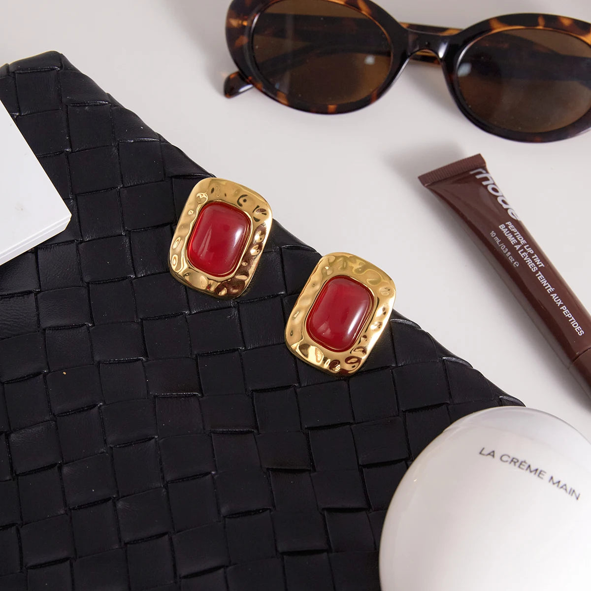 Hammered Red Square Studs