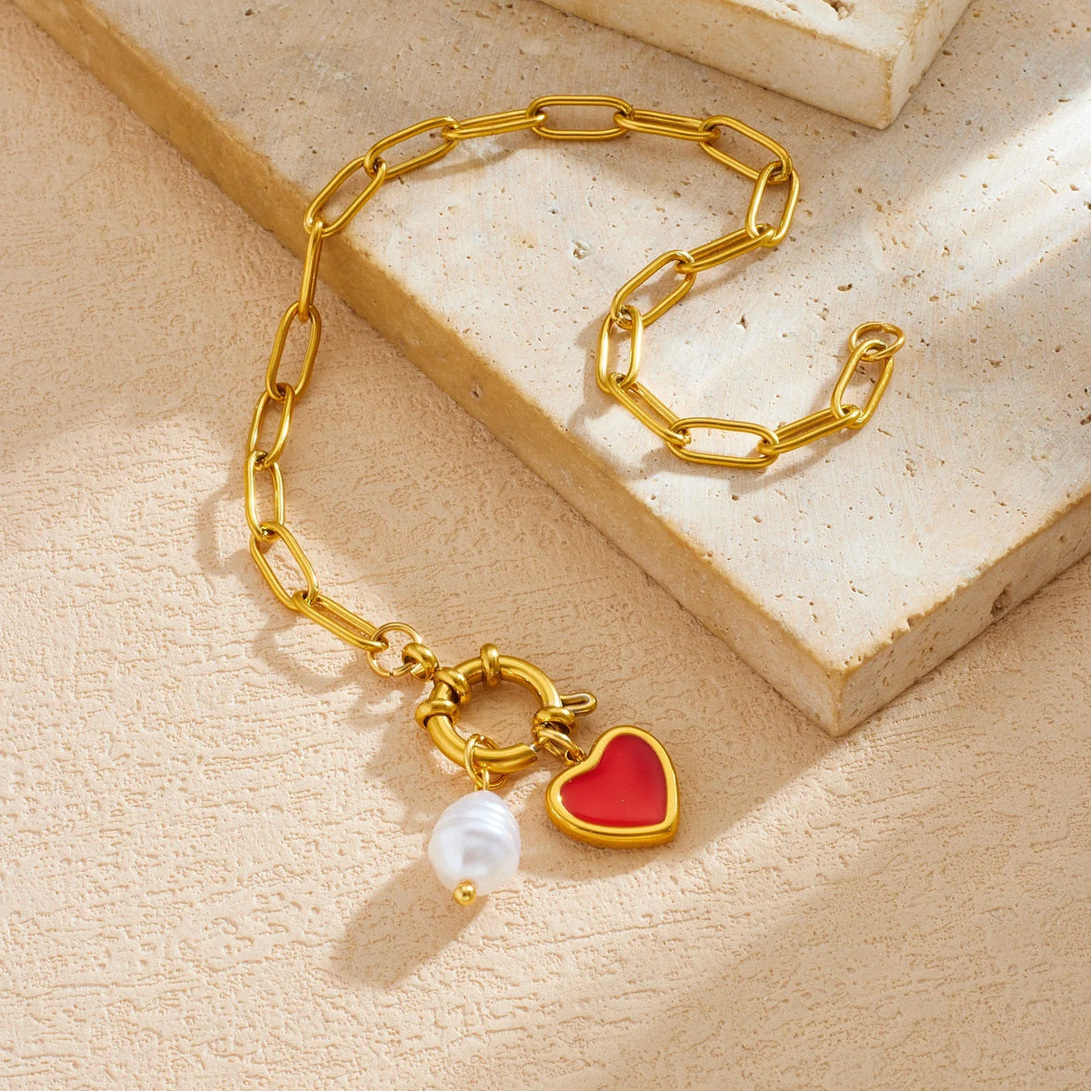 Red Heart Pearl Paperclip Bracelet