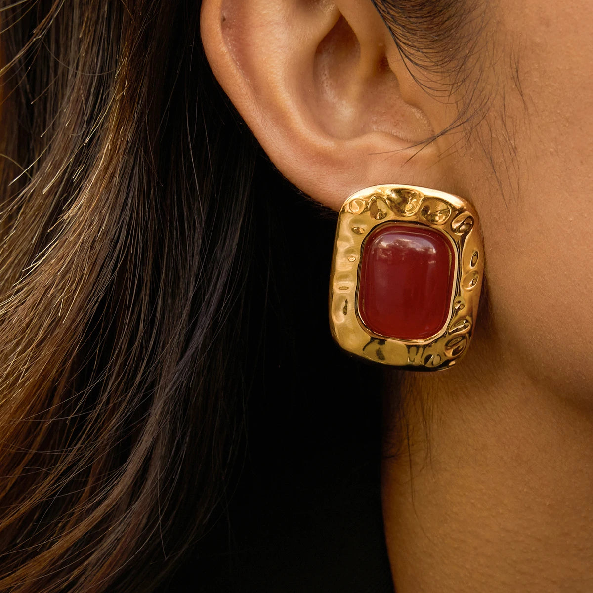 Hammered Red Square Studs