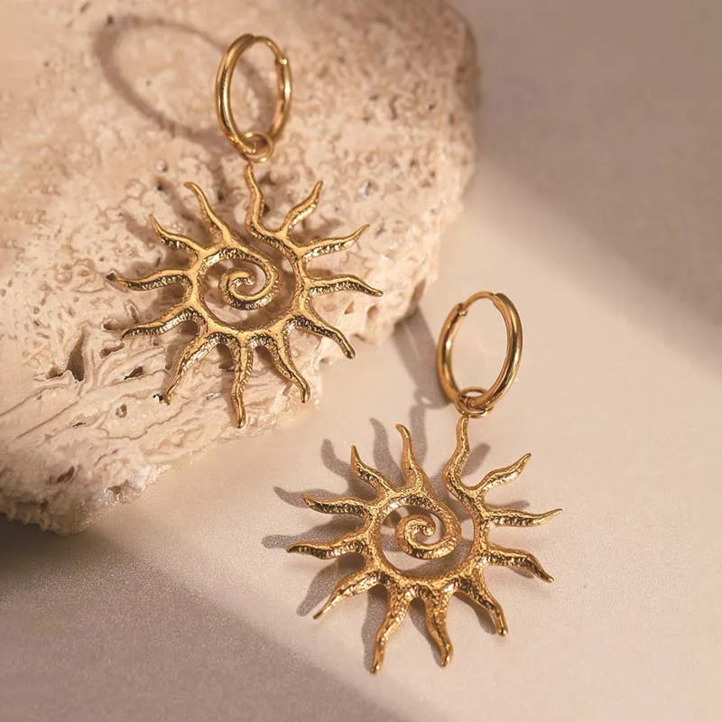 Spiral Sun Drop Earrings | Gold Sunburst Hoops