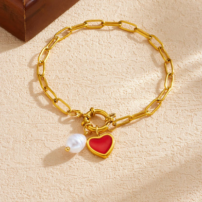 Red Heart Pearl Paperclip Bracelet