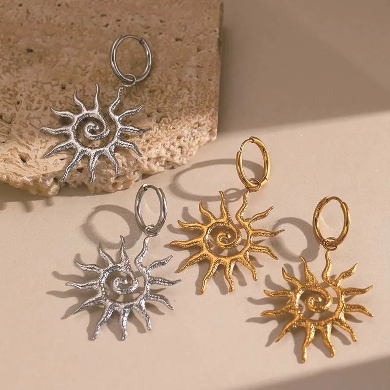 Spiral Sun Drop Earrings | Gold Sunburst Hoops
