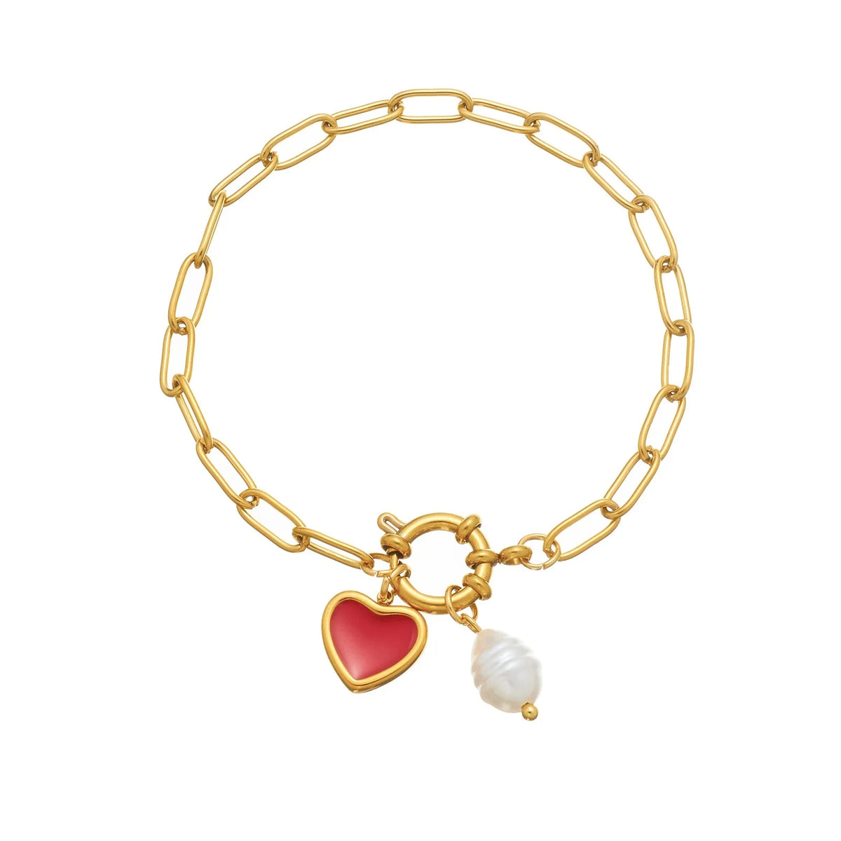 Red Heart Pearl Paperclip Bracelet